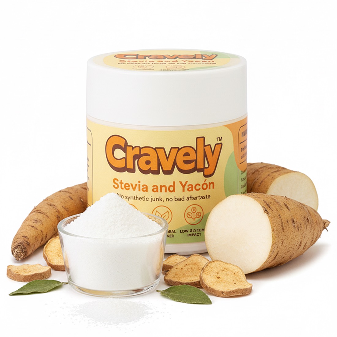 Cravely Stevia and Yacon Root Powder, 40g jar, shown with yacon root
